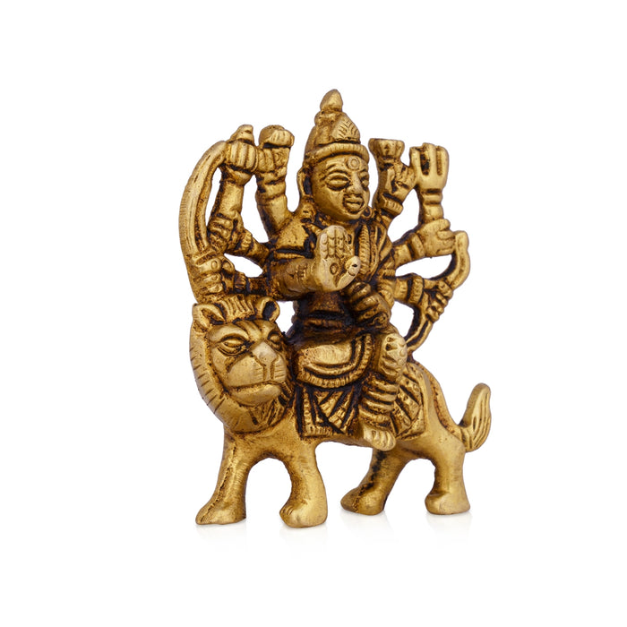 Durga Idol Sitting On Lion - 3 x 2.5 Inches | Antique Brass Idol/ Durga Murti/ Durga Statue for Pooja - Brass Murties