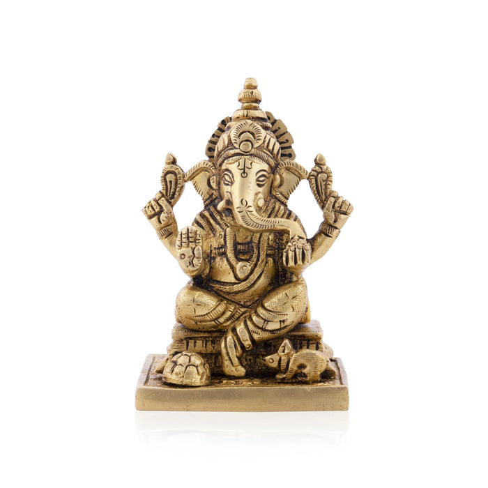 Vinayagar Sitting On Square Base Murti - 3.5 x 2.75 Inches | Brass Statue / Ganesha Idol For Home & Pooja - Brass Murties