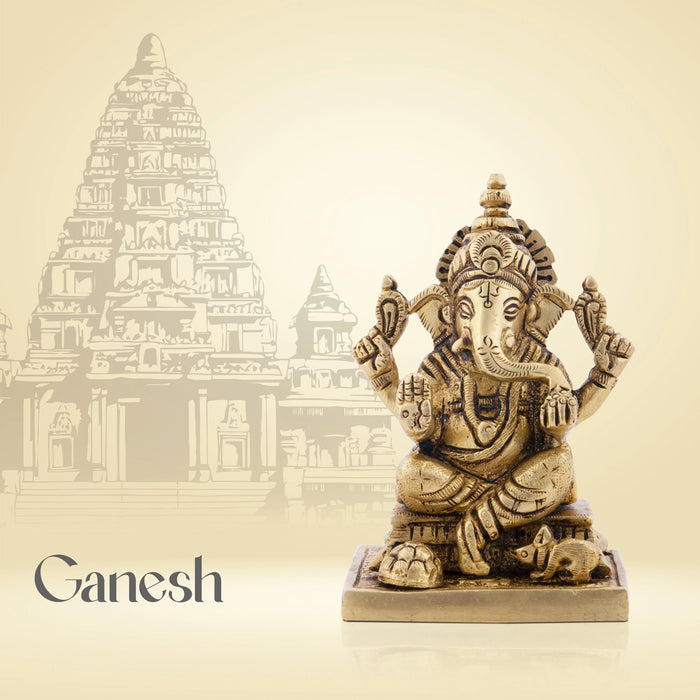Vinayagar Sitting On Square Base Murti - 3.5 x 2.75 Inches | Brass Statue / Ganesha Idol For Home & Pooja - Brass Murties