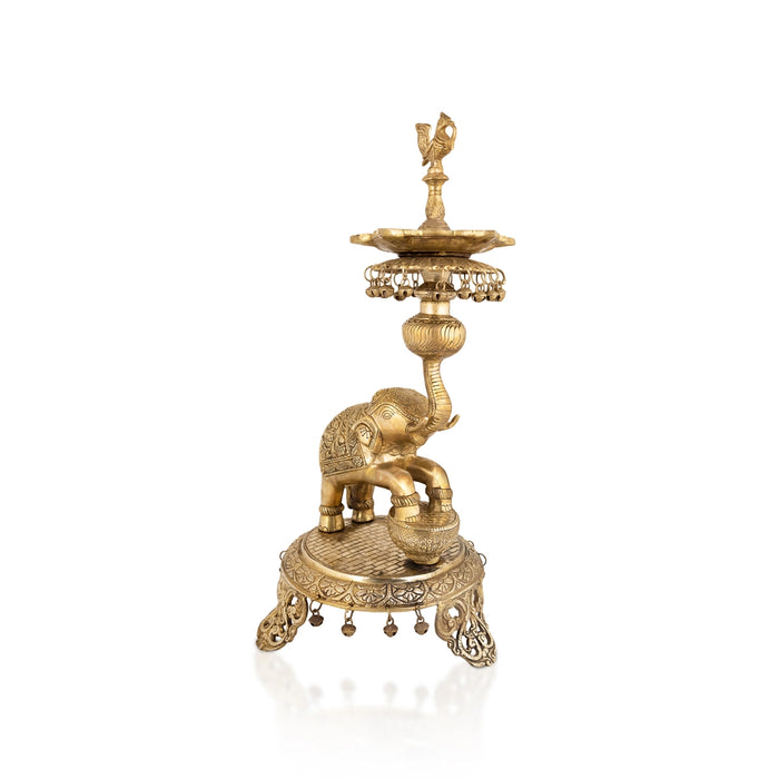 Elephant Deep - 23 x 12 Inches | Antique Brass Lamp / Elephant Holding Diya / Elephant Vilakku For Home & Pooja - Decorative Lamp