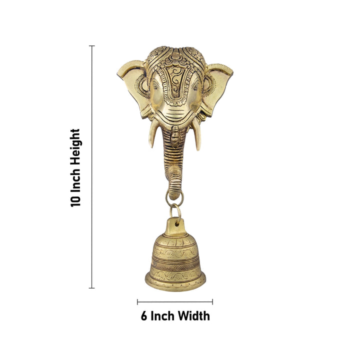 Elephant Face Wall Hanging With Bell - 10 x 6 Inches | Antique Brass Wall Hanger for Home/ 1.580 Kgs Approx - Wall Hanging