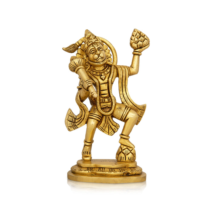 Anjaneya Statue Carrying Sanjeevani Mountain - 6.5 x 4 Inches | Antique Brass Idol/ Hanuman Statue for Pooja - Brass Murties