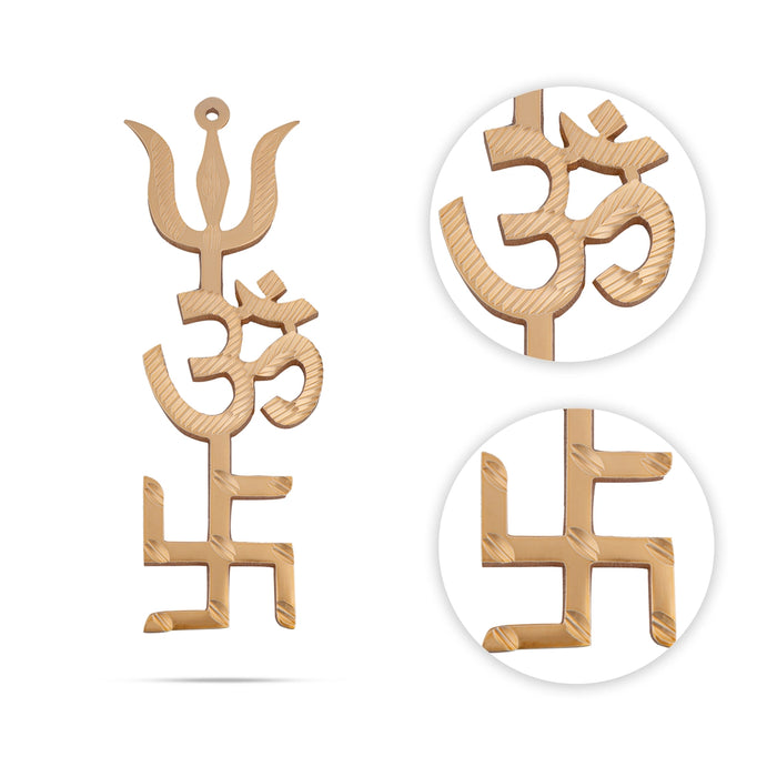 Om Swastik Trishul - 4 x 1.5 Inches | Gold Polish Wall Hanger/ Wall Decoration for Home & Office - Deity Accessories