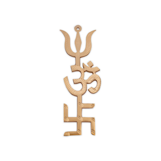 Om Swastik Trishul - 5 x 2 Inches | Gold Polish Wall Hanger/ Wall Decor for Home & Office - Deity Accessories