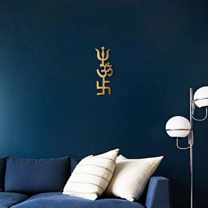 Om Swastik Trishul - 5 x 2 Inches | Gold Polish Wall Hanger/ Wall Decor for Home & Office - Deity Accessories