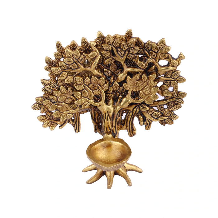 Brass Lamp - 8 Inches | Antique Brass Diya/ Karpaga Virutcham Tree Vilakku for Pooja/ 860 Gms Approx