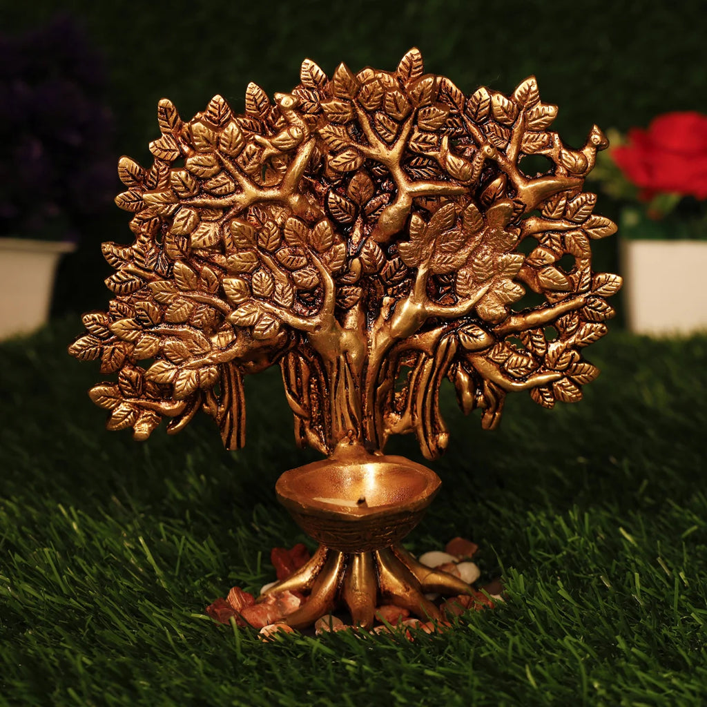 Brass Lamp - 8 Inches | Antique Brass Diya/ Karpaga Virutcham Tree Vilakku for Pooja/ 860 Gms Approx