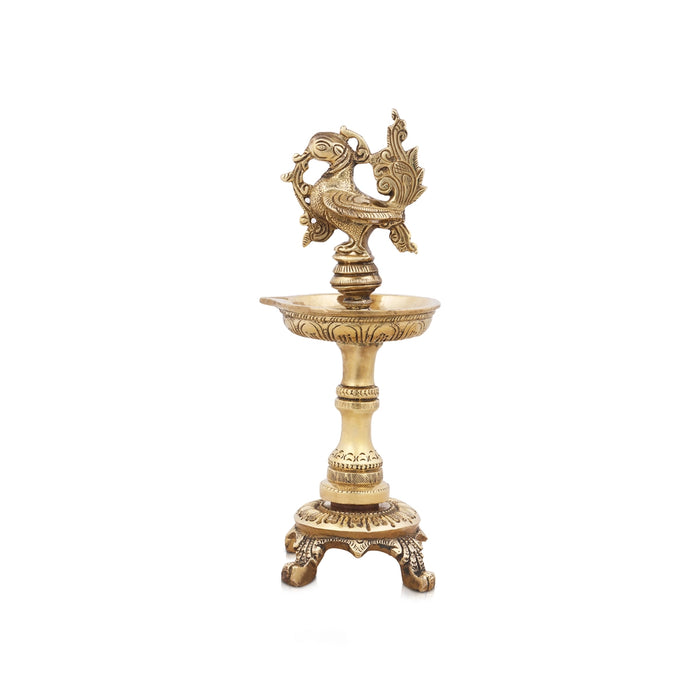 Brass Deepam - 8 x 5 Inches | Peacock Design Vilakku/ Antique Polish Lamp for Pooja/ 1.910 Kgs Approx - Kuthuvilakku