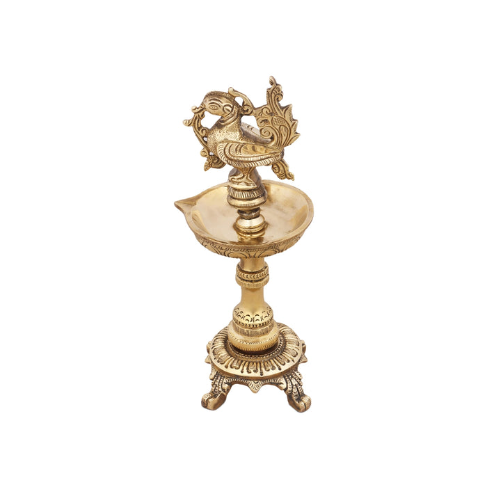 Brass Deepam - 8 x 5 Inches | Peacock Design Vilakku/ Antique Polish Lamp for Pooja/ 1.910 Kgs Approx - Kuthuvilakku