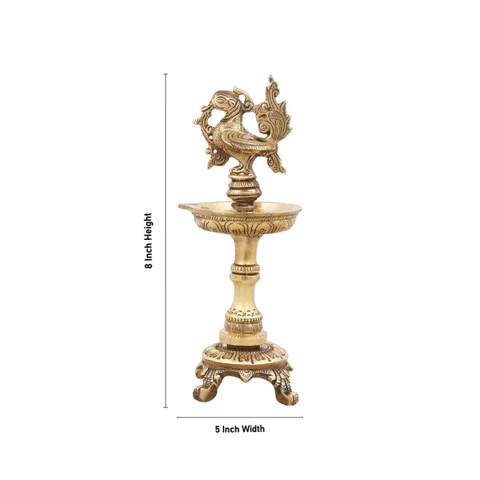 Brass Deepam - 8 x 5 Inches | Peacock Design Vilakku/ Antique Polish Lamp for Pooja/ 1.910 Kgs Approx - Kuthuvilakku