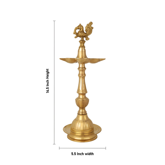Brass Kerala Fancy Lamp - 14.5 x 5.5 inches | Panchmukh Deep / Brass Lamp for Pooja / Annam Design - Kerala Vilakku