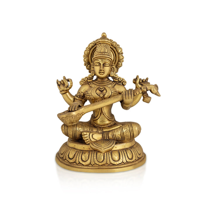 Saraswati Sitting on Base Murti - 12.5 x 3.5 inches | Antique Brass Idol / Vagdevi Statue for Home & pooja - Brass Murties