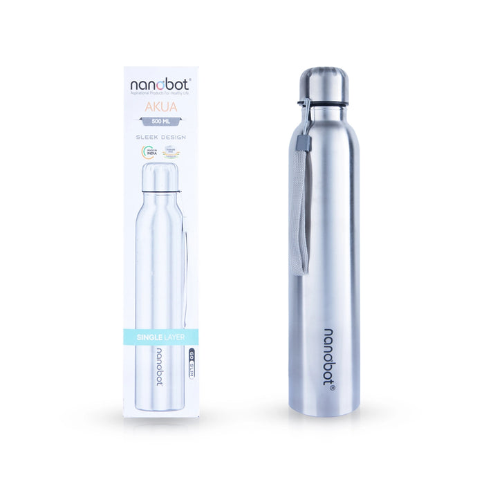 Nanobot Akua Water Bottle - 500 ml | Stainless Steel Water Container/ 10 x 2 Inches/ Steel Bottle for Home