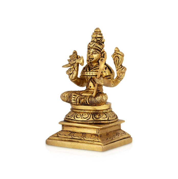 Kamakshi Amman Sitting On Base Statue - 5 x 3.8 Inches | Antique Brass Idol/ Kamatchi Maa Figurine For Pooja