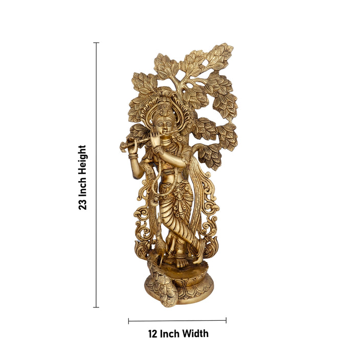 Krishna Murti With Tree - 23 x 12 Inches | Antique Brass Idol/ Krishna Statue for Pooja/ 11.880 Kgs Approx - Brass Murties