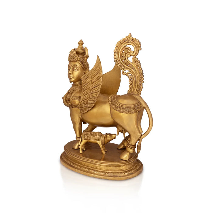 Cow & Calf Idol With Base Statue- 17 x 13 inches | Antique Brass Idol/ Kamadhenu Idol for Pooja - Brass Murties