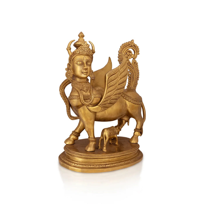 Cow & Calf Idol With Base Statue- 17 x 13 inches | Antique Brass Idol/ Kamadhenu Idol for Pooja - Brass Murties