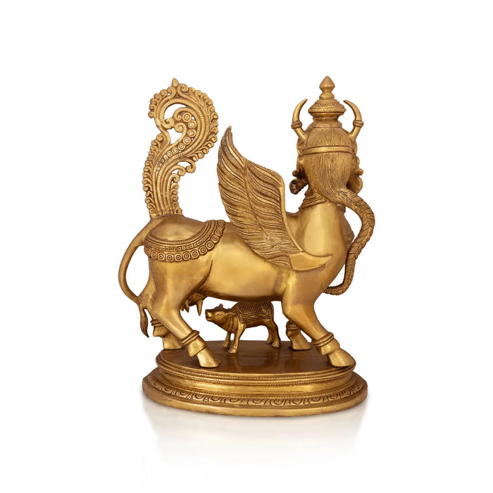 Cow & Calf Idol With Base Statue- 17 x 13 inches | Antique Brass Idol/ Kamadhenu Idol for Pooja - Brass Murties