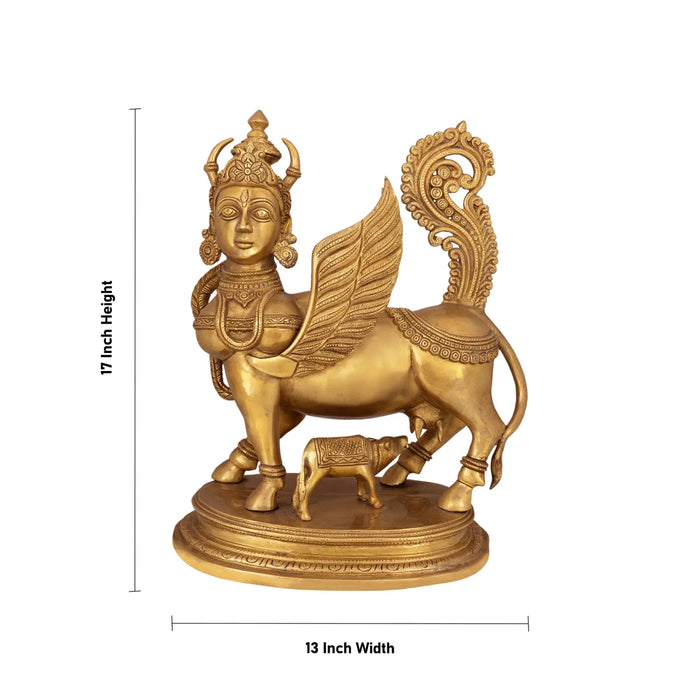 Cow & Calf Idol With Base Statue- 17 x 13 inches | Antique Brass Idol/ Kamadhenu Idol for Pooja - Brass Murties