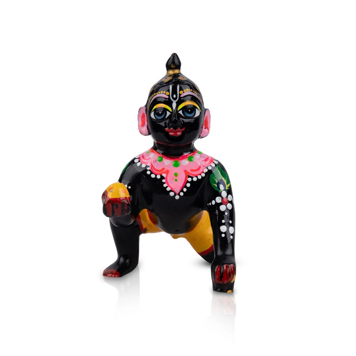Crawling Krishna Murti - 5 x 4 Inches | Antique Brass Idol/ Painted Krishna Idol for Pooja - Brass Murties