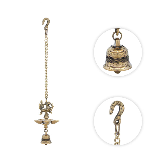 5 Face Hanging Deep - 9 x 5 Inches | Annapakshi Design Lamp with Bell/ Antique Brass Vilakku with Chain - Hanging Lamp