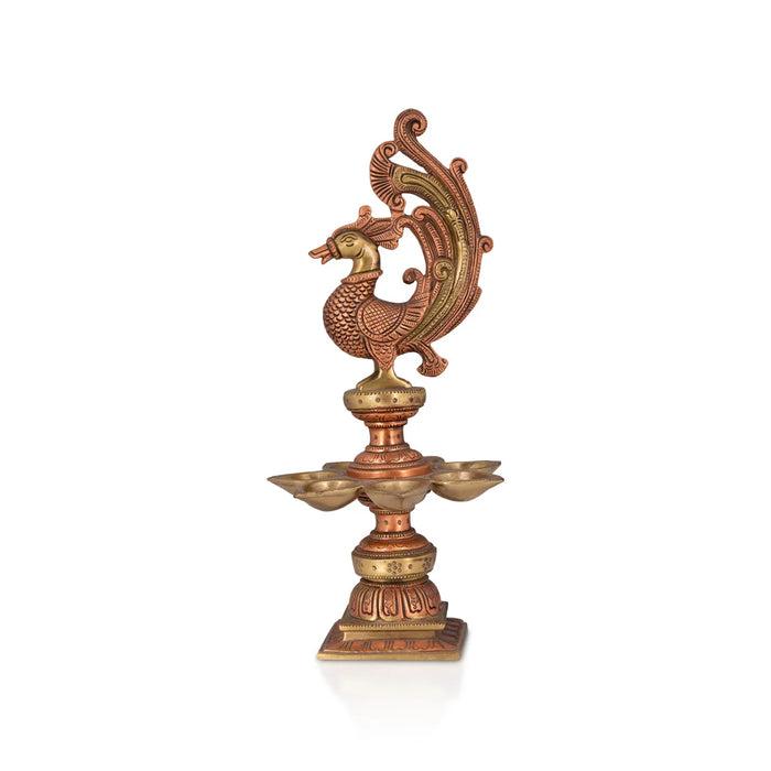 Peacock Deepam - 13 x 6 Inches | Brass Copper Lamp / Mayil Vilakku / Diya for Home & Pooja - Decorative Lamp