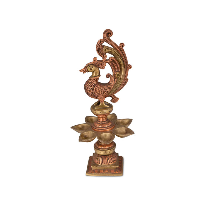 Peacock Deepam - 13 x 6 Inches | Brass Copper Lamp / Mayil Vilakku / Diya for Home & Pooja - Decorative Lamp