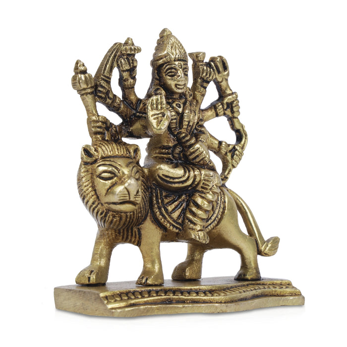 Durga Idol With 8 Hands Sitting On Lion - 3.5 x 3 Inches | Antique Brass Idol/ Durga Maa Idol for Home/ 400 Gms - Brass Murties