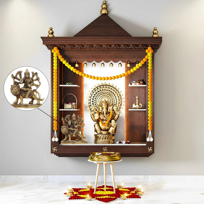 Durga Idol With 8 Hands Sitting On Lion - 3.5 x 3 Inches | Antique Brass Idol/ Durga Maa Idol for Home/ 400 Gms - Brass Murties