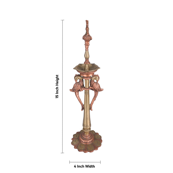 Peacock Five Deep - 15 x 4 Inches | Copper Brass Deepam / Peacock Design Vilakku for Home & Pooja - Decorative Lamp