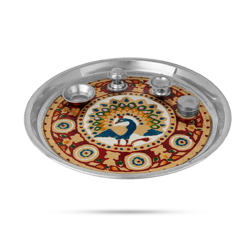 Pooja Plate- 11 Inches | Meenakari Design Puja Plate/ Stainless Steel Thali Plate For Home & Festive Offerings - Pooja Plate & Tray