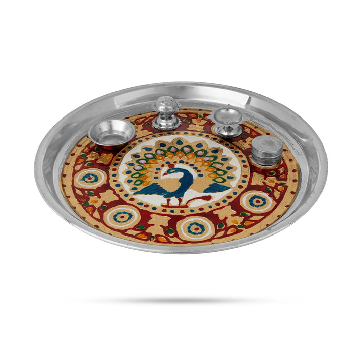 Pooja Plate- 11 Inches | Meenakari Design Puja Plate/ Stainless Steel Thali Plate For Home & Festive Offerings - Pooja Plate & Tray