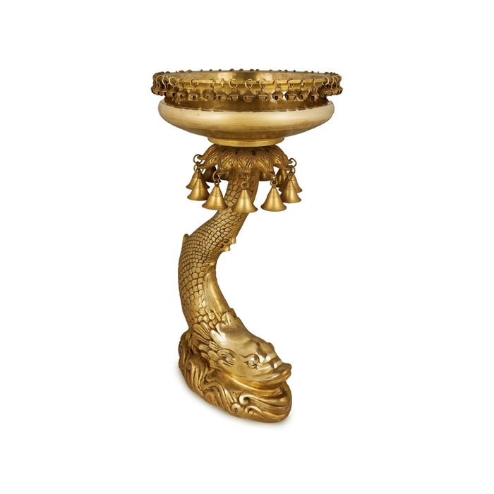 Uruli with Fish Base - 25 x 13 Inches | Brass Urli / Fish Base with bell Design Flower Pot for Home & Pooja - Uruli & Flower Pot