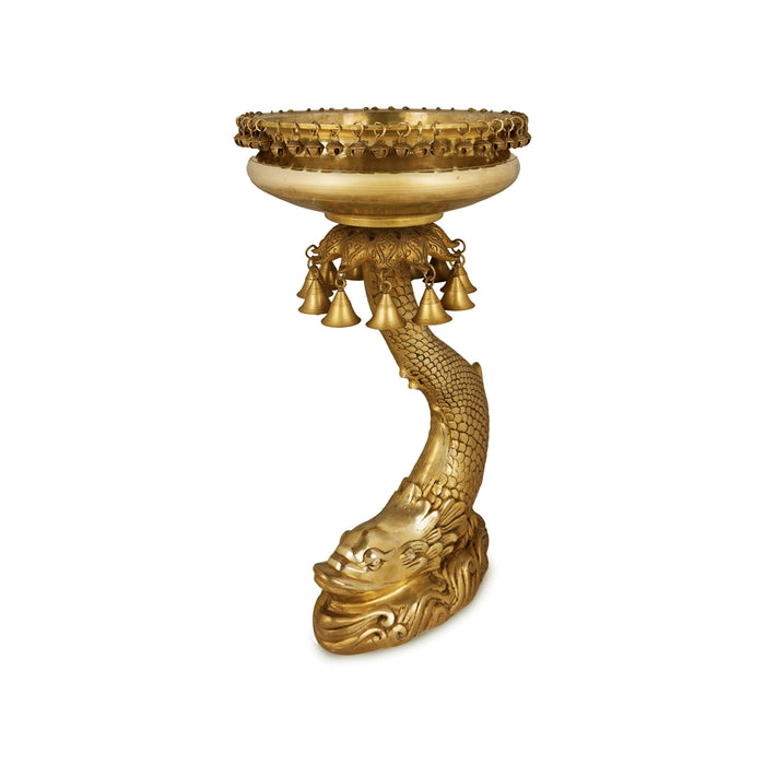 Uruli with Fish Base - 25 x 13 Inches | Brass Urli / Fish Base with bell Design Flower Pot for Home & Pooja - Uruli & Flower Pot