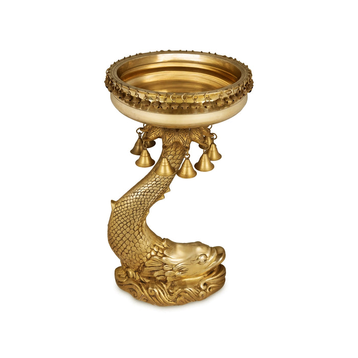 Uruli with Fish Base - 25 x 13 Inches | Brass Urli / Fish Base with bell Design Flower Pot for Home & Pooja - Uruli & Flower Pot
