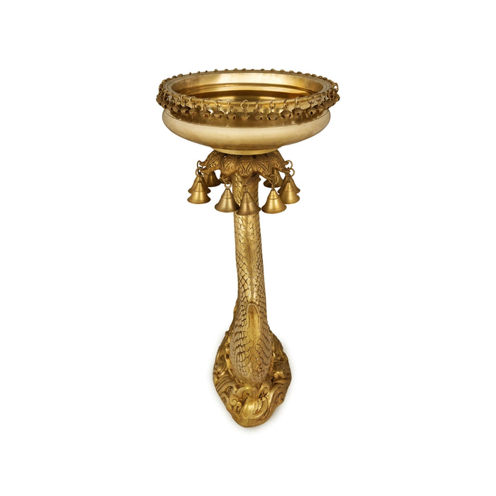 Uruli with Fish Base - 25 x 13 Inches | Brass Urli / Fish Base with bell Design Flower Pot for Home & Pooja - Uruli & Flower Pot