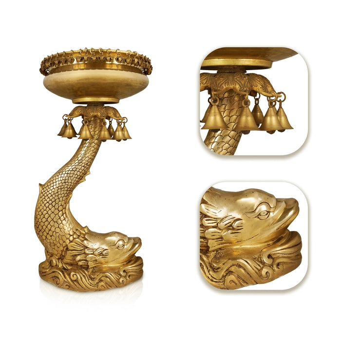 Uruli with Fish Base - 25 x 13 Inches | Brass Urli / Fish Base with bell Design Flower Pot for Home & Pooja - Uruli & Flower Pot