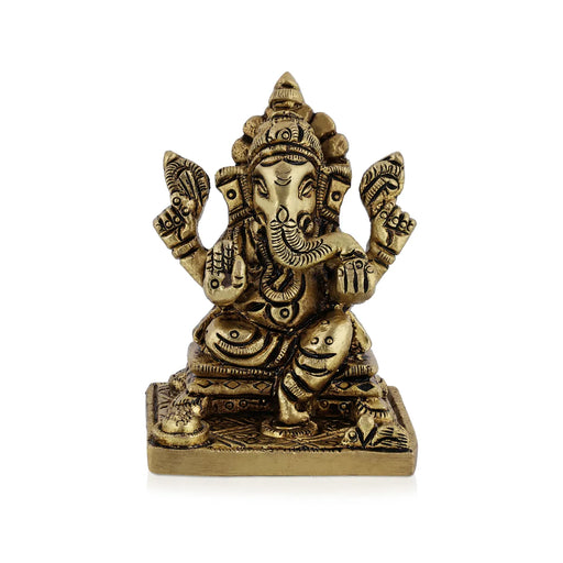 Ganesh Murti Sitting On Bajot - 2.25 X 1.75 Inches | Antique Brass Idol/ Ganpati Murti For Home Pooja - Brass Murties