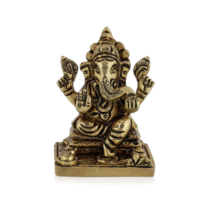 Ganesh Murti Sitting On Bajot - 2.25 X 1.75 Inches | Antique Brass Idol/ Ganpati Murti For Home Pooja - Brass Murties