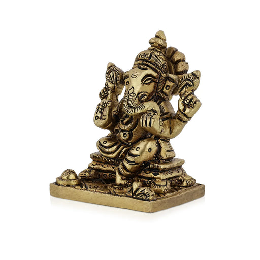 Ganesh Murti Sitting On Bajot - 2.25 X 1.75 Inches | Antique Brass Idol/ Ganpati Murti For Home Pooja - Brass Murties