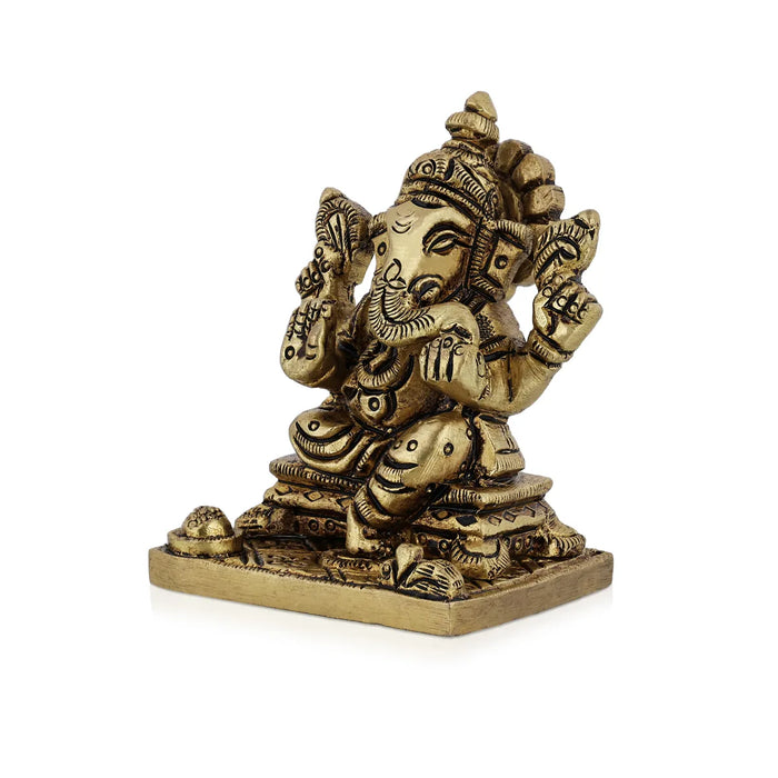 Ganesh Murti Sitting On Bajot - 2.25 X 1.75 Inches | Antique Brass Idol/ Ganpati Murti For Home Pooja - Brass Murties