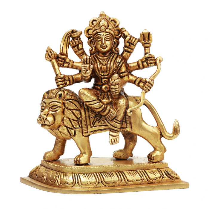 Durga Idol With 8 Hands Sitting On Lion - 5 x 5 Inches | Antique Brass Idol/ Durga Murti for Pooja/ 785 Gms - Brass Murties