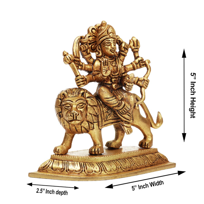 Durga Idol With 8 Hands Sitting On Lion - 5 x 5 Inches | Antique Brass Idol/ Durga Murti for Pooja/ 785 Gms - Brass Murties