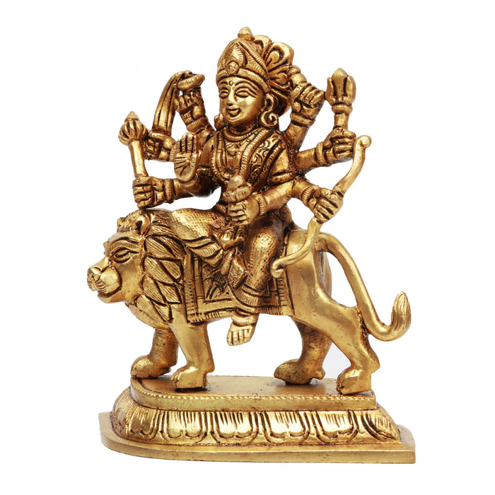 Durga Idol With 8 Hands Sitting On Lion - 5 x 5 Inches | Antique Brass Idol/ Durga Murti for Pooja/ 785 Gms - Brass Murties