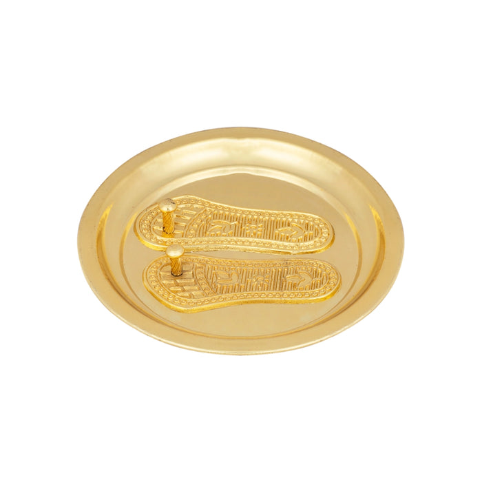 Vishnu Padham With Plate - 0.5 x 3.5 Inches | Gold Polish Vishnu Charan Paduka/ Metal Vishnu Paduka for Pooja - Pooja Box & Paduka