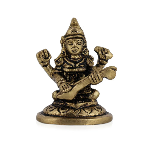 Saraswati Murti Sitting On Base - 1.5 X 1.25 Inches | Antique Brass Idol/ Saraswathy Idol For Home Pooja Décor - Brass Murties
