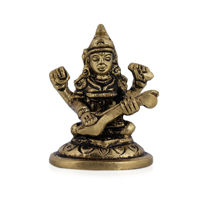 Saraswati Murti Sitting On Base - 1.5 X 1.25 Inches | Antique Brass Idol/ Saraswathy Idol For Home Pooja Décor - Brass Murties
