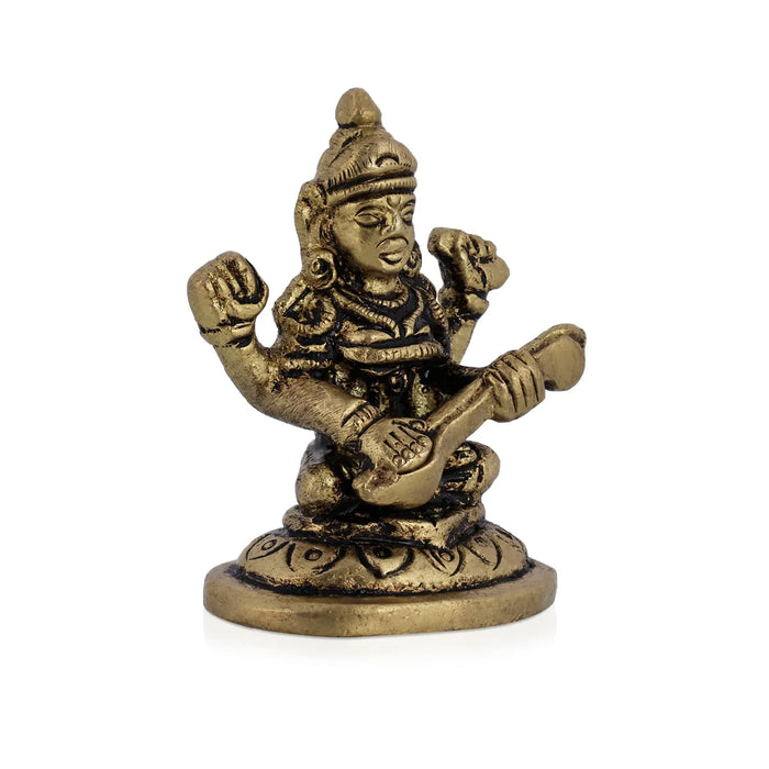 Saraswati Murti Sitting On Base - 1.5 X 1.25 Inches | Antique Brass Idol/ Saraswathy Idol For Home Pooja Décor - Brass Murties