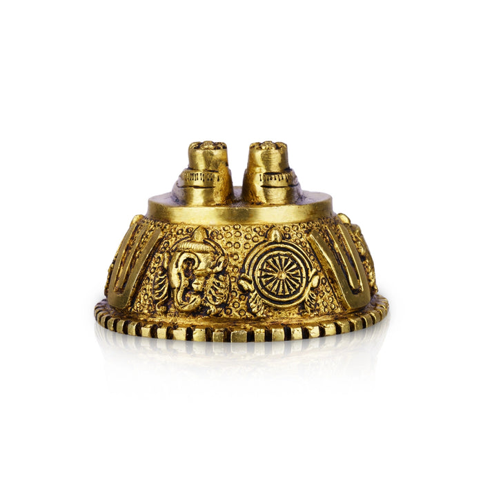 Vishnu Padham With Namam Shankh Chakra Design Base - 2 x 3 Inches | Brass Antique Polish Vishnu Paduka for Pooja - Pooja Box & Paduka