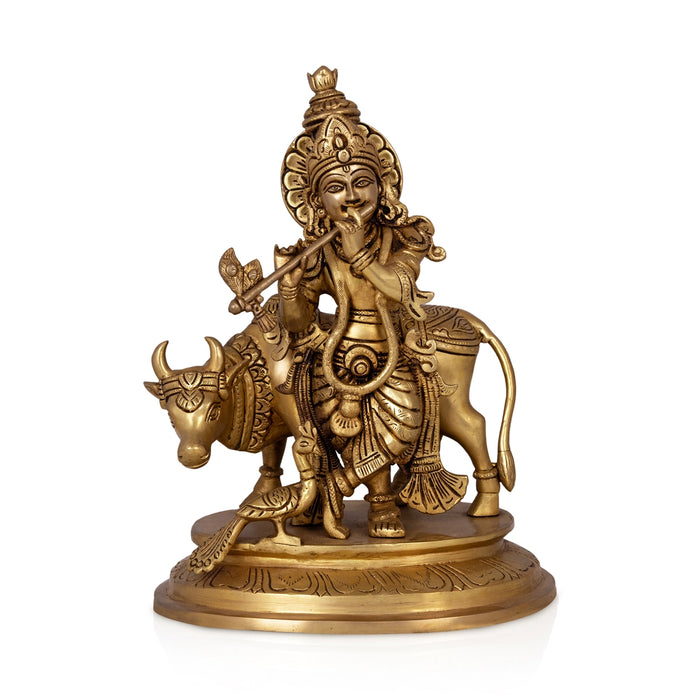 Krishna With Cow Standing Murti - 12 x 9 Inches | Antique Brass Idol / Cow Krishna Statue for Pooja - Brass Murties